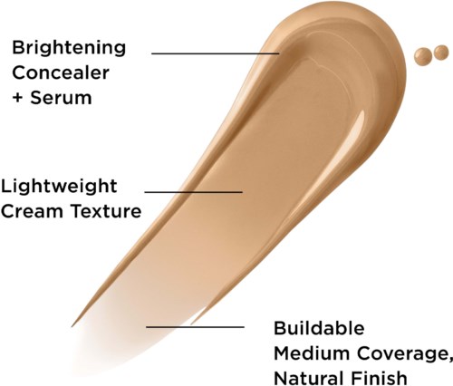 The image shows a foundation swatch highlighting brightening properties, lightweight cream texture, and buildable coverage with a natural finish.