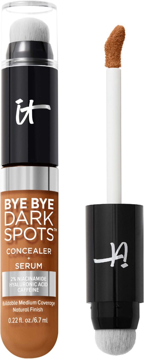 A concealer stick labeled 'Bye Bye Dark Spots' with a sponge tip applicator next to it.