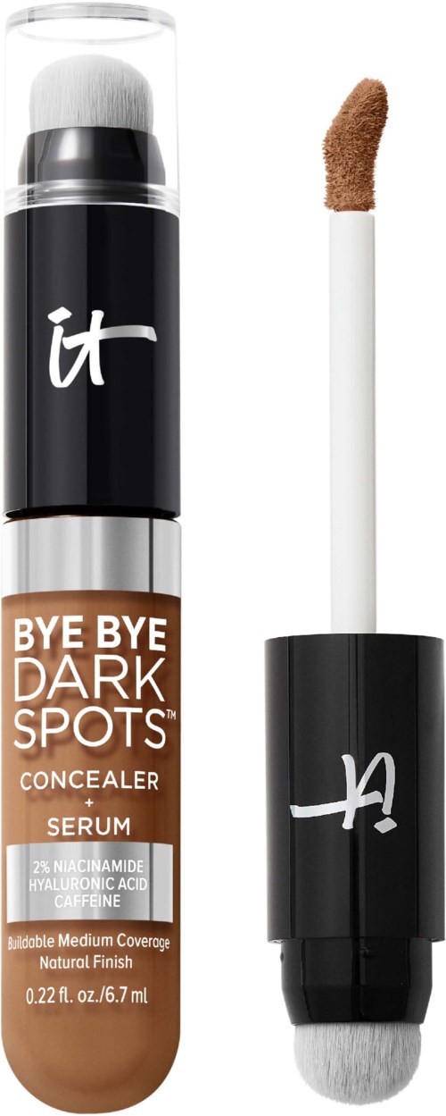 A concealer stick with a separate applicator, labeled 'Bye Bye Dark Spots' for skin marks, contains serum, and has a white sponge on applicator.