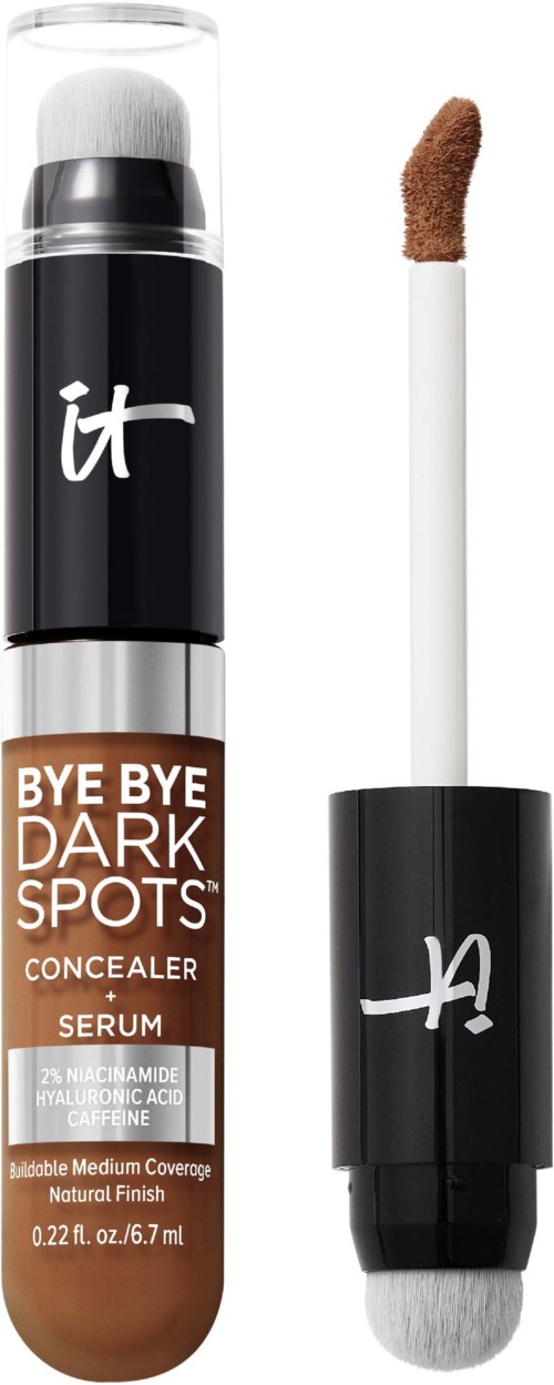 A concealer pen with a sponge applicator, labeled 'Bye Bye Dark Spots,' and a black cap with the brand's logo.