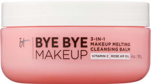Ein pinker Behälter mit Bye Bye Makeup-Reinigungsbalsam mit weißem Deckel, enthält Vitamin C und Hagebuttenöl, zum Entfernen von Make-up.