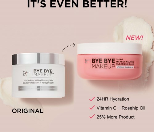 Zwei Make-up-Entferner-Balsame angezeigt, ein Original und eine neue, mit Vorteilen: Feuchtigkeit, Vitamin C, Hagebuttenöl.