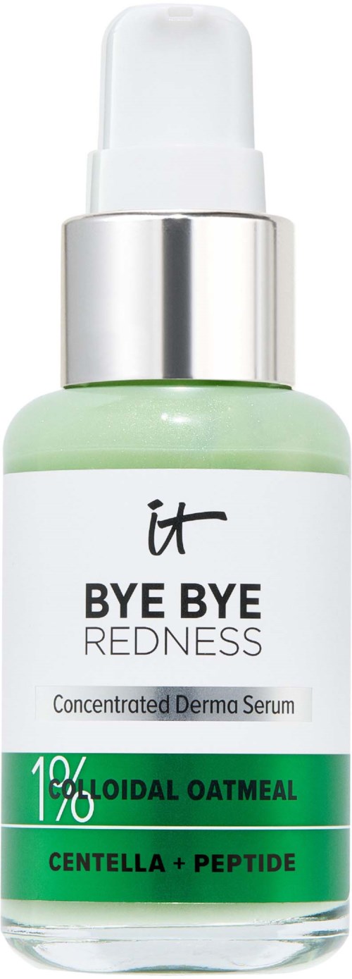 A bottle of skincare serum labeled 'Bye Bye Redness', with a pump, green and white design, and notes on ingredients.