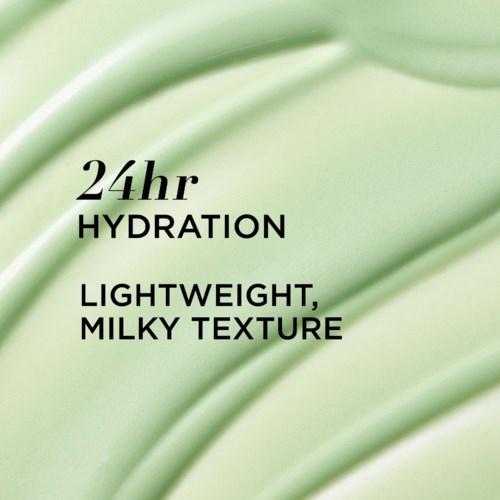 Text highlights 24-hour hydration with a lightweight, milky texture on a green background.