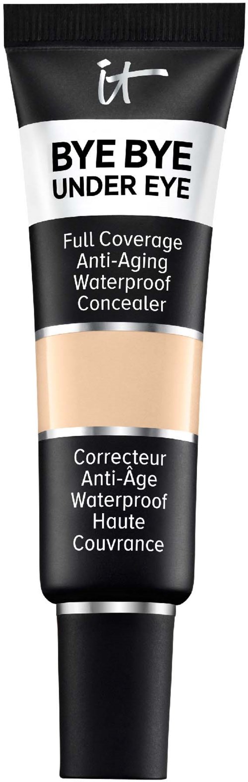 A black tube of concealer named 'BYE BYE UNDER EYE' with beige product visible, claims full coverage and waterproof.