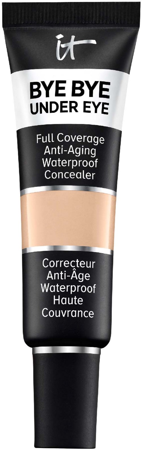 A black and beige tube labeled 'Bye Bye Under Eye' for concealer, promising waterproof, anti-aging, full coverage.