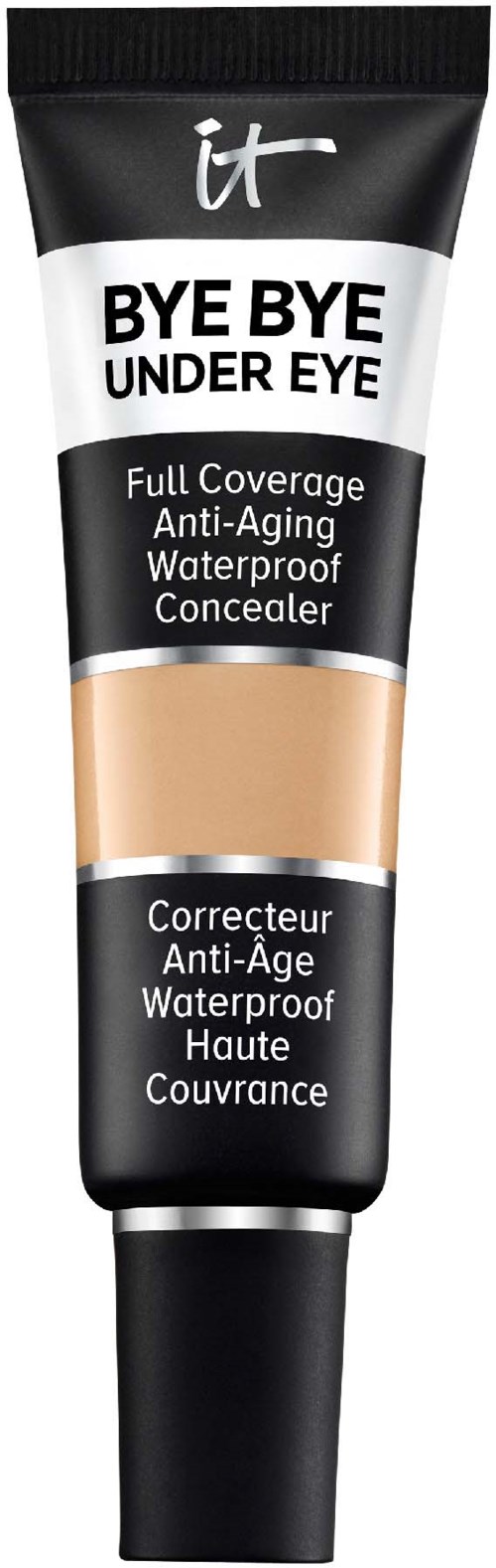 A black tube of under eye concealer with white and beige packaging, labeled "Bye Bye Under Eye."
