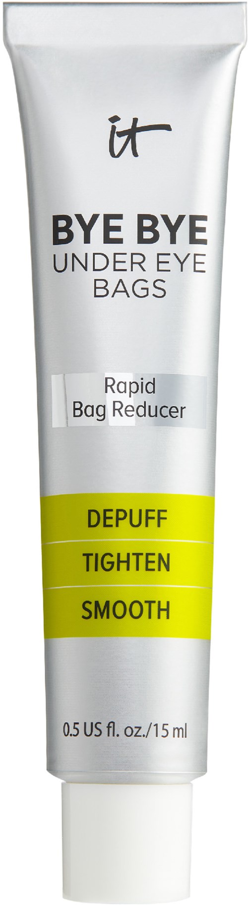 A tube of eye cream labeled 'Bye Bye Under Eye Bags' with benefits of depuffing, tightening, and smoothing.