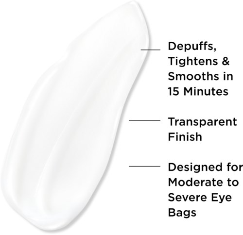 Text explains a skincare product that reduces puffiness, smooths skin, and is designed for tired eyes.