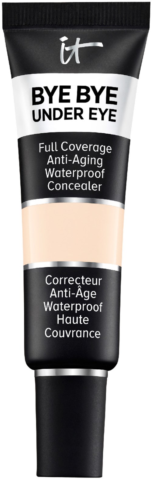 Es ist eine schwarze Tube mit Abdeckcreme für unter die Augen, mit weißen und beigen Etiketten, die volle Deckkraft und Wasserfestigkeit versprechen.