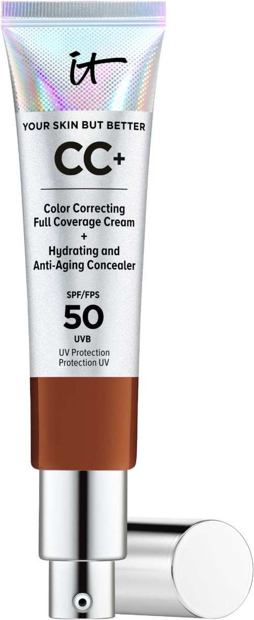 En tub med CC-kräm med SPF 50, märkt för hudförbättring, färgkorrigering, hydrering och anti-aging. Den har en brun och silver design.