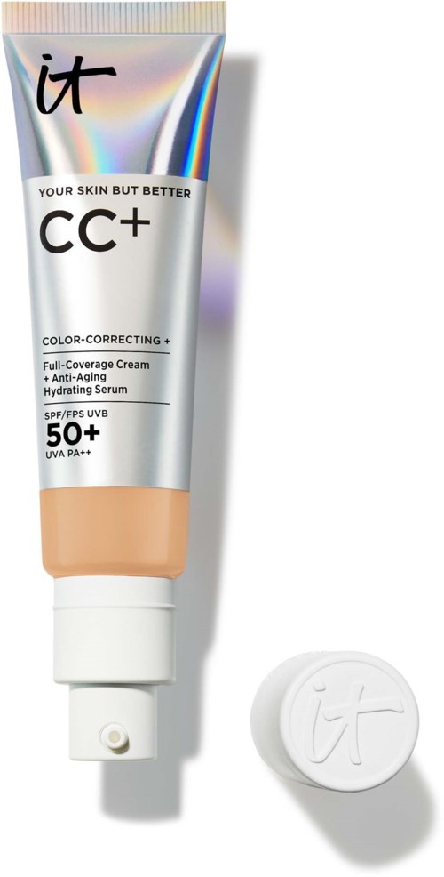 Eine Tube CC+ Creme mit weißer Kappe und einem separaten weißen runden Applikator, für Hautpflege.
