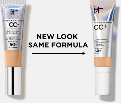 Two tubes of skin cream with a label showing it's the same formula but with different packaging.