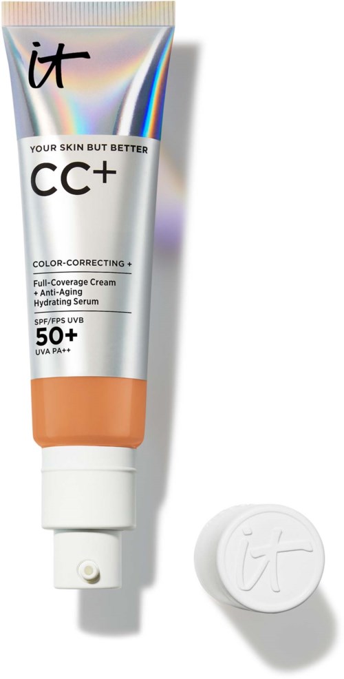 A tube of CC+ cream with a white cap, labeled as color-correcting, anti-aging, with SPF 50+ protection.