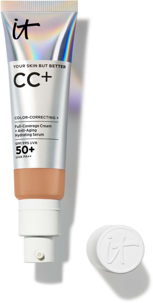Eine Tube CC+ Creme mit weißem Deckel und einem runden Deckel daneben, für Hautpflege und Sonnenschutz.
