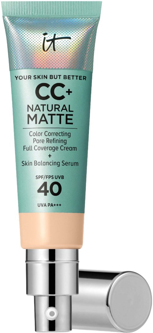 A tube of CC+ Natural Matte foundation with SPF 40, silver cap, and pastel-colored packaging.