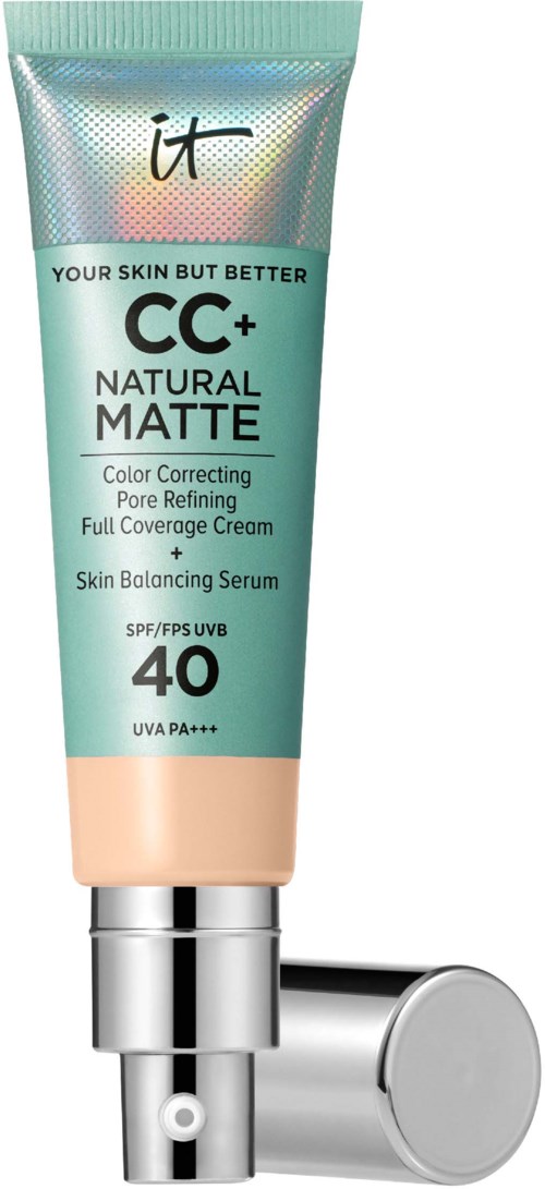 A tube of face cream with SPF 40, labeled 'CC+ Natural Matte', and a silver cap, standing upright.