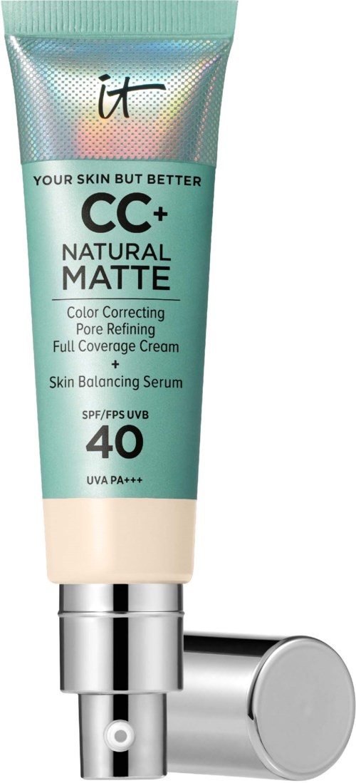 A tube of IT CC+ Natural Matte foundation with SPF 40, silver cap, and text promoting skin care benefits.
