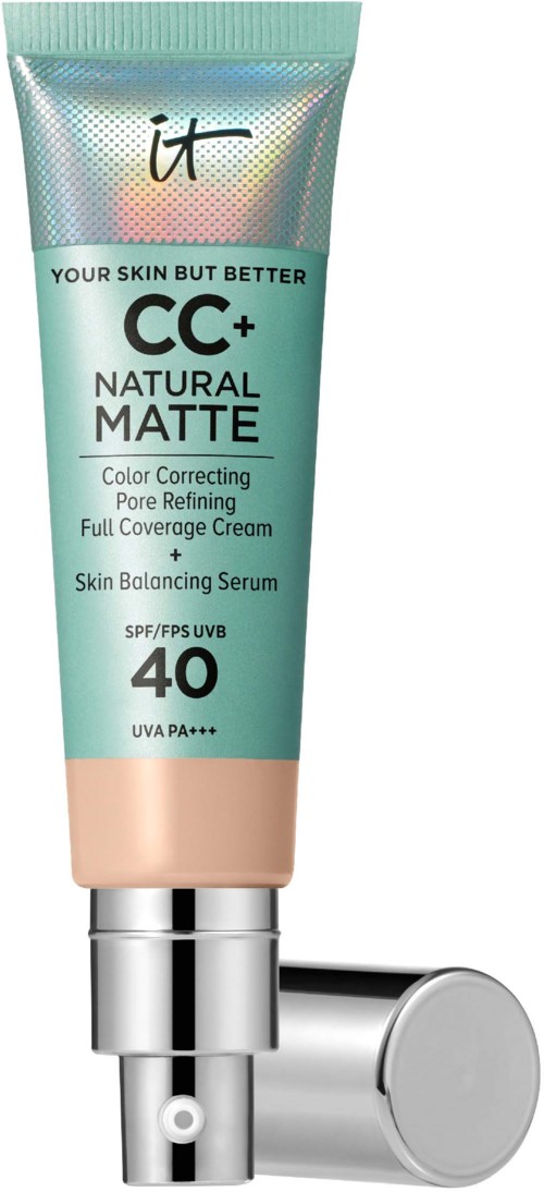 It is a tube of face cream with SPF 40, labeled CC+ Natural Matte, in light colors, with a silver pump.