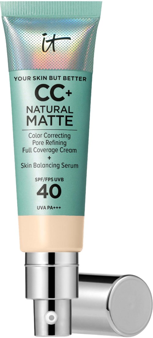 The image shows a tube of CC cream with SPF 40, designed for skin tone correction and pore refining.