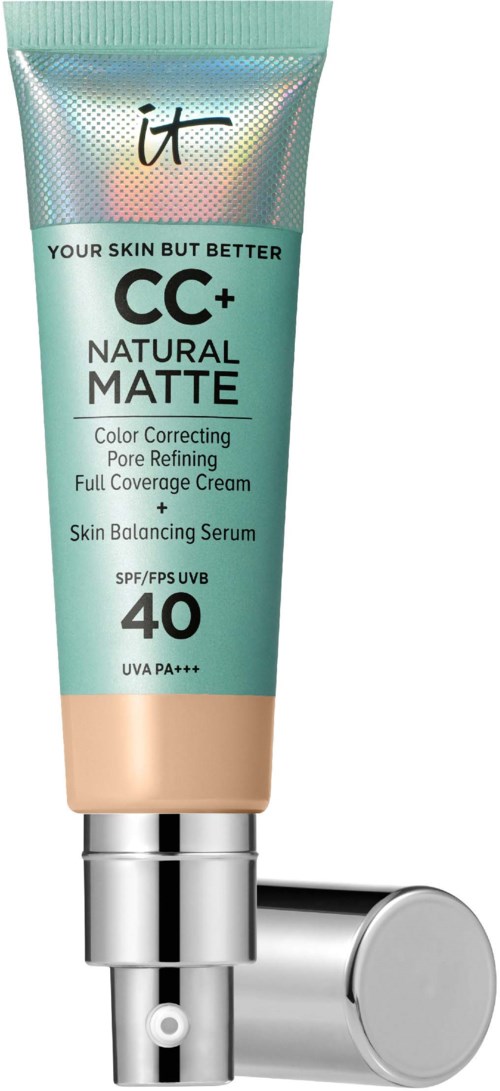 A tube of CC+ natural matte cream with SPF 40, designed for skin coverage and balancing, with shiny packaging.