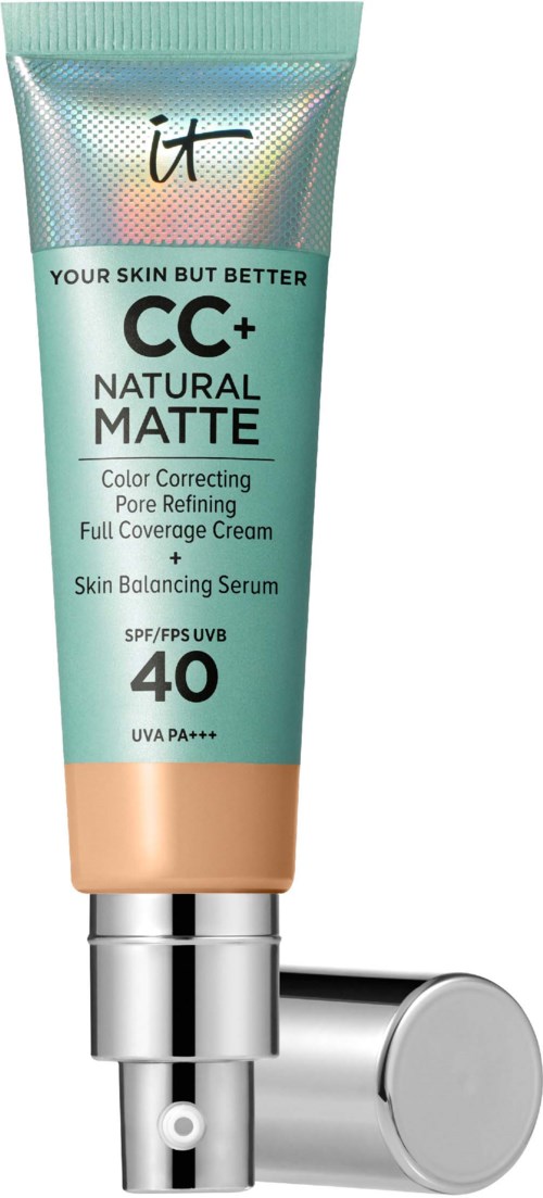 A tube of CC+ Natural Matte foundation with SPF 40, labeled for skin correction, pore refinement, and full coverage.