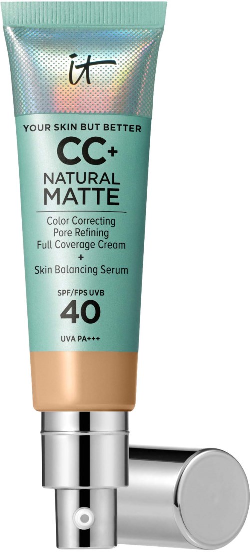 A tube of BB cream with SPF 40 and UVA protection, labeled 'it' and 'CC+ Natural Matte,' standing upright.