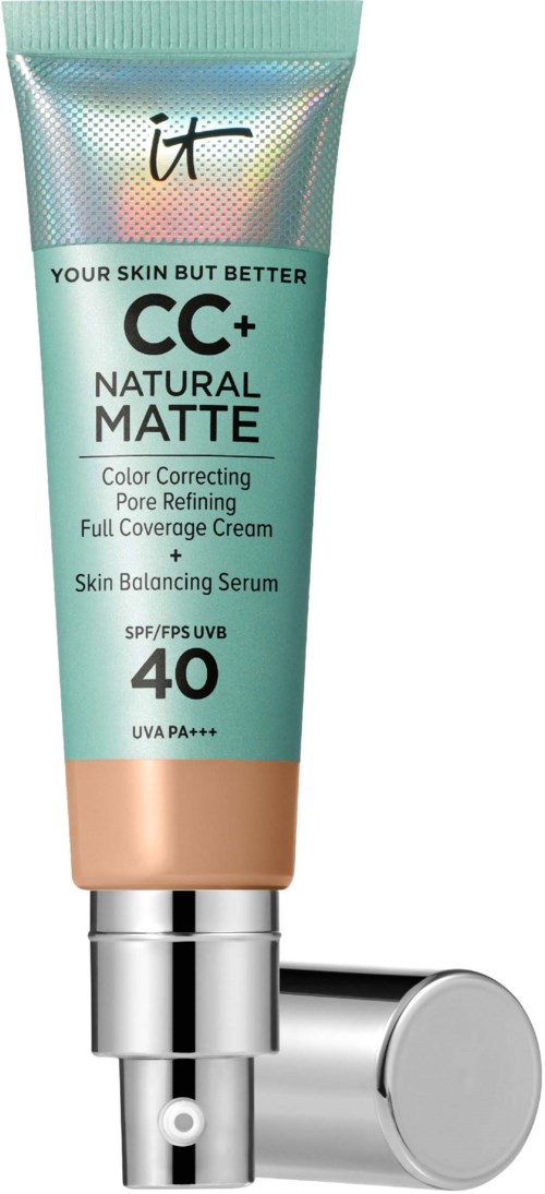 A tube of cosmetic skin product with SPF 40, labeled CC+ Natural Matte, and a silver spray nozzle.