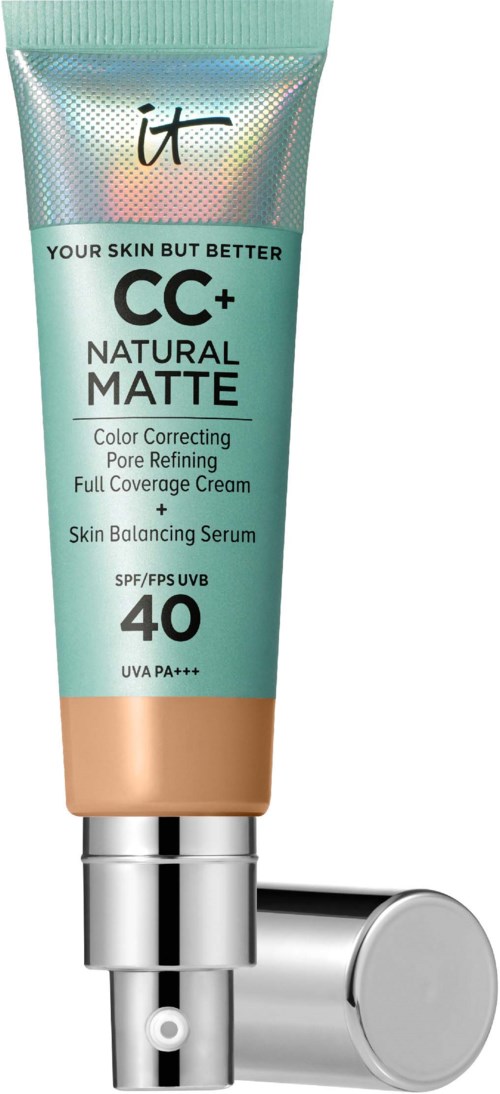 A tube of CC+ Natural Matte foundation with SPF 40 and full coverage, designed for skin smoothing and pore reduction.