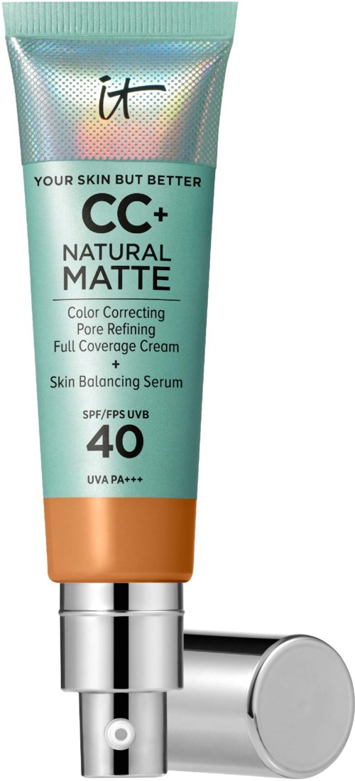 A tube of facial cream with SPF 40, labeled as natural matte, for skin correction and pore refinement.