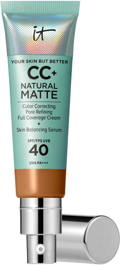 A tube of CC+ Natural Matte foundation with SPF 40, copper-colored cap, and a silver pump dispenser.