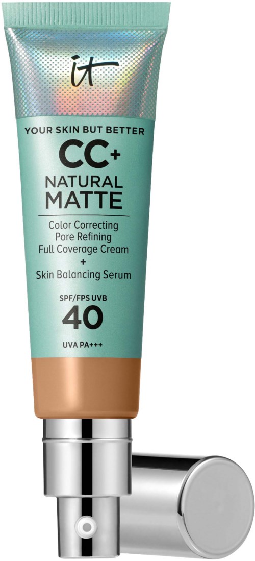H+it CC+ Natural Matte foundation comes in a tube with a silver pump and a beige cap, designed for skin coverage and UV protection.