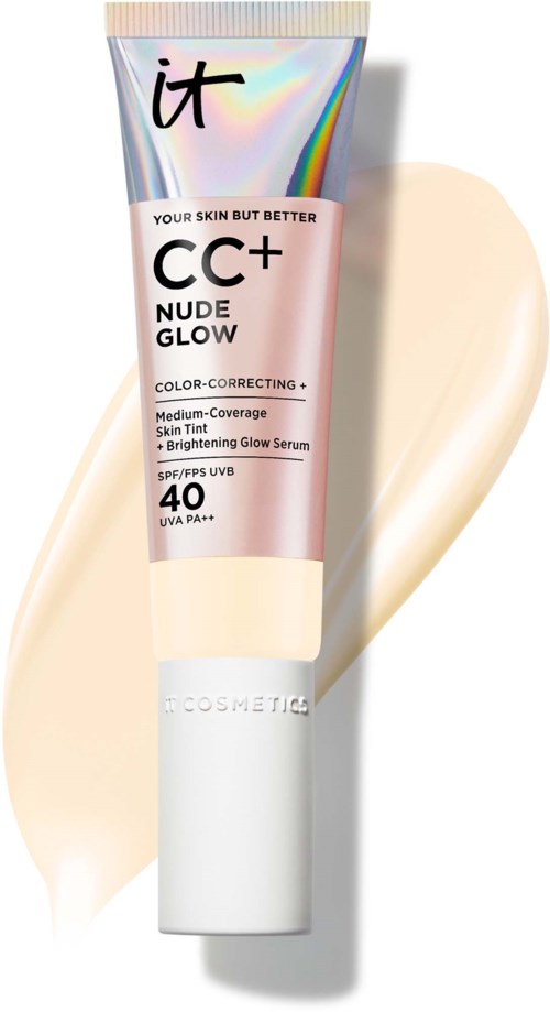 A tube of CC+ Nude Glow makeup with SPF 40, light pink design, and cream swatch next to it.