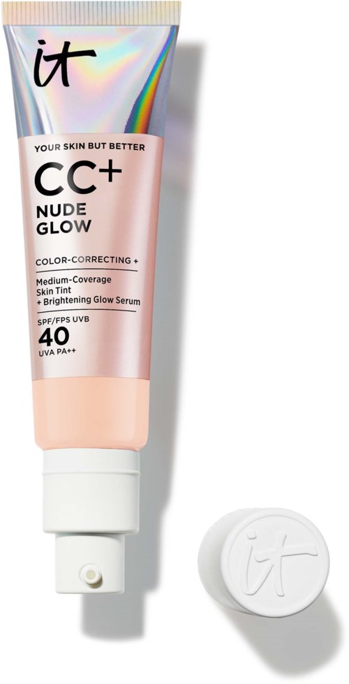 Tube mit CC+ Nude Glow BB-Cream mit SPF 40, hellrosa Verpackung und weißer Deckel daneben.