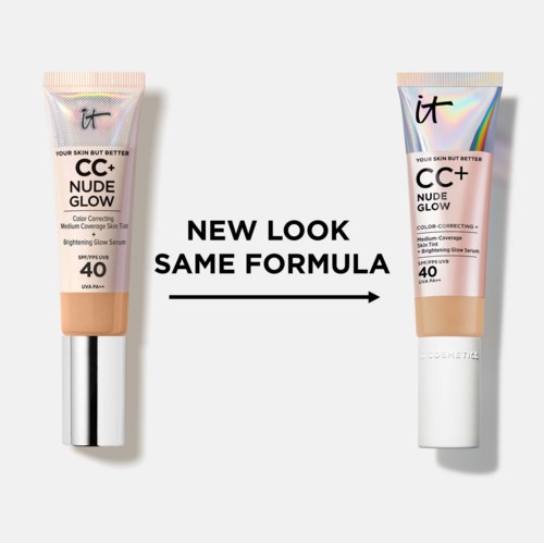 Two tubes of skin cream, showing a change in packaging but same formula, with text and an arrow pointing right.