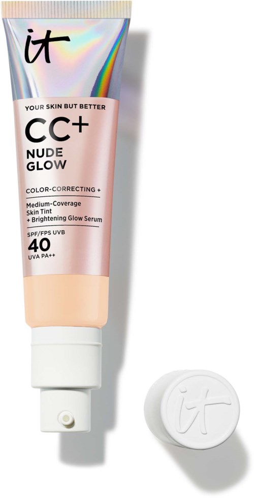 A tube of CC+ Nude Glow, skin tint, with SPF 40, and a matching round cap beside it.