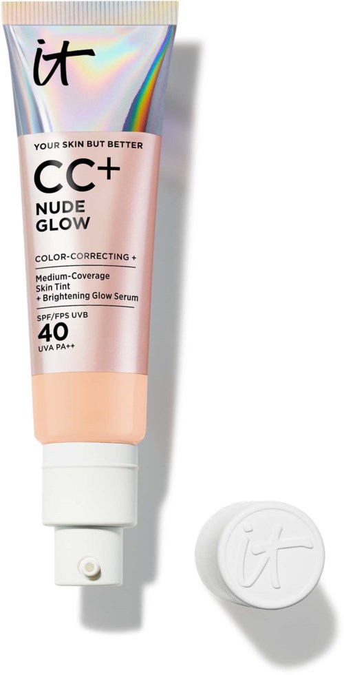 Eine Tube CC+ Nude Glow mit SPF 40 neben einem weißen Deckel. Die Tube hat irisierende Farben und Text.