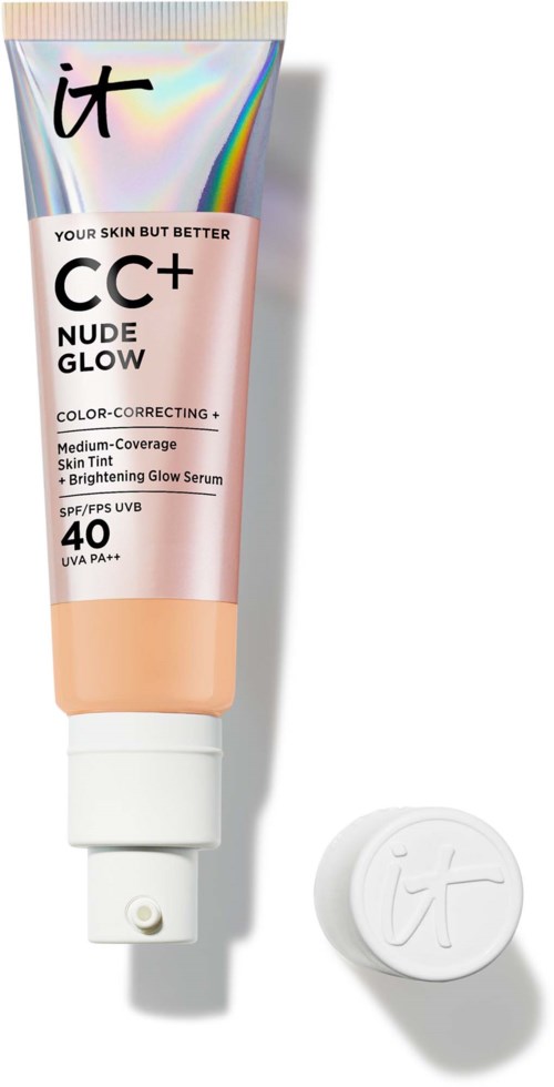 A tube of skincare BB cream with SPF 40 and a round cap beside it, featuring pastel colors and reflective details.