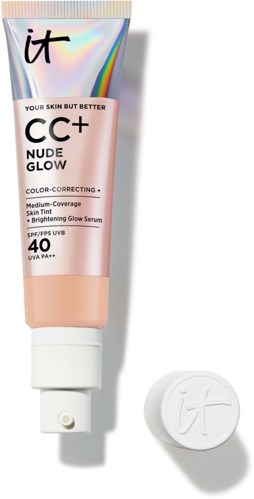 A CC+ cream tube with a cap beside it, labeled 'Nude Glow', SPF 40, and skin benefits mentioned.