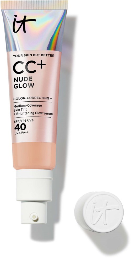 A tube of CC+ Nude Glow product with SPF 40 and a white cap with a logo, alongside a round product cap.