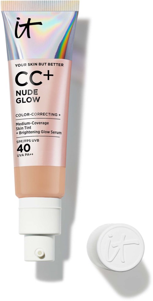 A CC+ Nude Glow foundation tube with SPF 40 and a white cap. The tube is pink with rainbow accents.