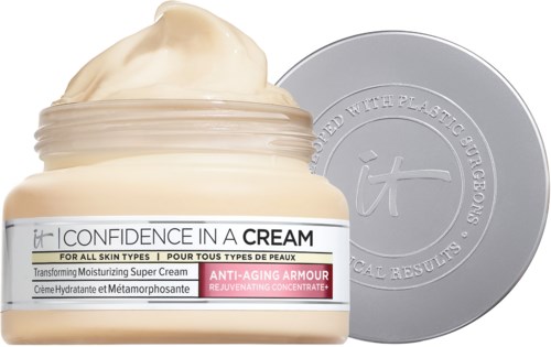 A jar of moisturizing cream with a metal lid showing a Japanese character and labels indicating anti-aging benefits.