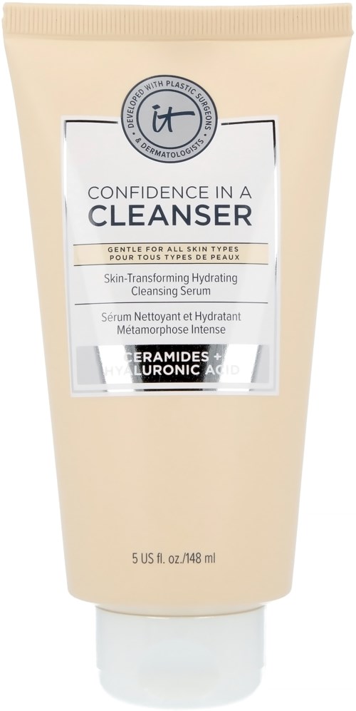 A beige tube of cleanser with label, indicating it is for all skin types and contains hyaluronic acid and ceramides.
