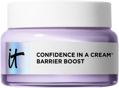 A small jar of face cream labeled 'Confidence in a Cream Barrier Boost' with pastel purple color.