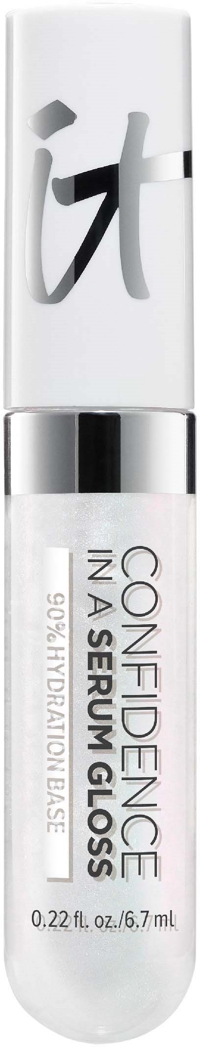 A lip gloss tube labeled "Confidence in a Gel" with a silver cap and transparent body.