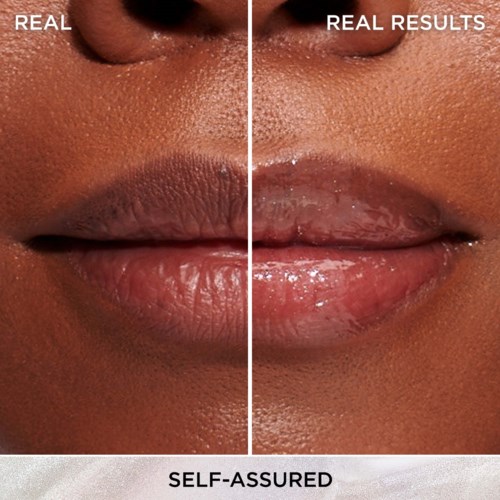 Comparison of lips before and after applying a glossy product, showing smoother, shinier appearance, labeled 'Real' and 'Real Results'.