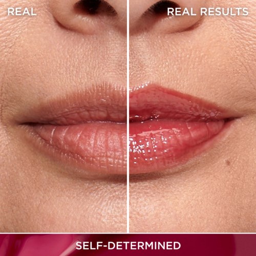 A face showing lip transformation with matte and shiny finishes, side by side comparison.