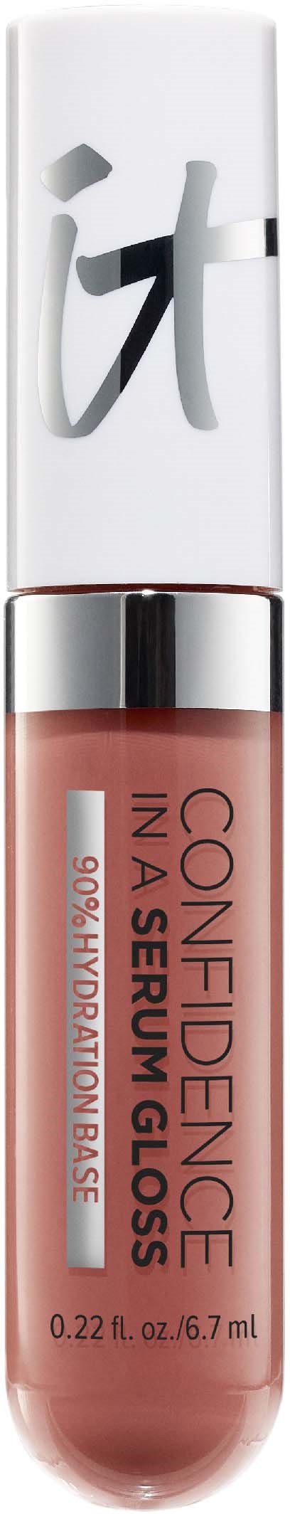 A lip gloss tube with a white cap and a transparent section showing pink lip gloss inside.