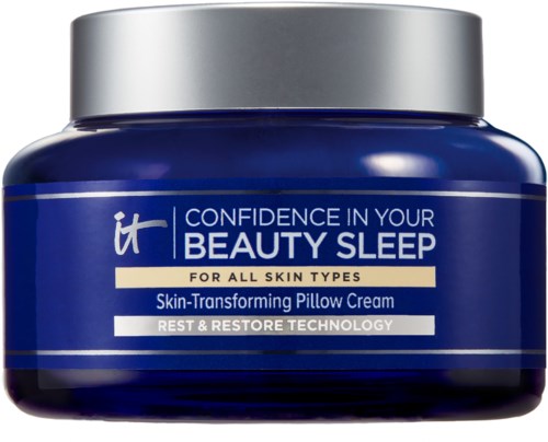 A blue jar of skin cream labeled "it Confidence in Your Beauty Sleep" for all skin types, with sleep and skin benefits.