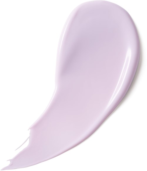 A lilac-colored cream or lotion spread on a white background, shaped like a teardrop or curved drop.